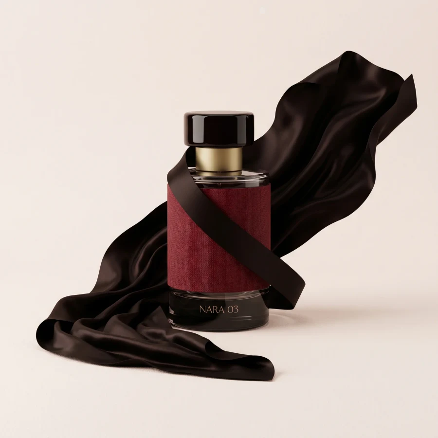 Digital Silk fragrance bottle with black silk and wine textile wrap