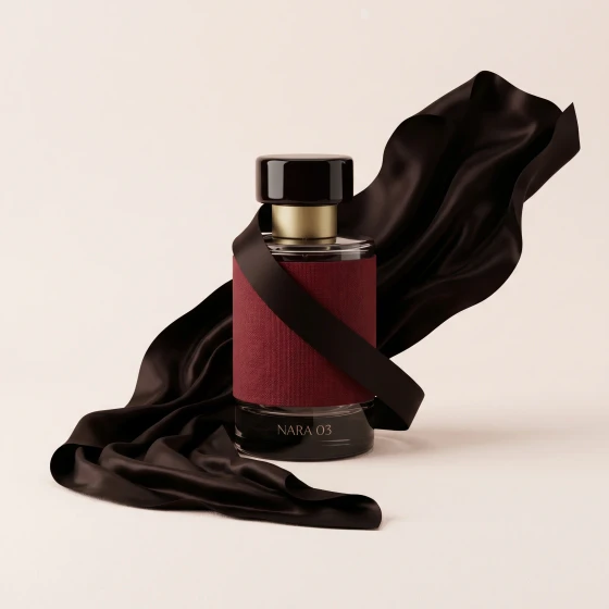 Red fragrance bottle wrapped in black silk