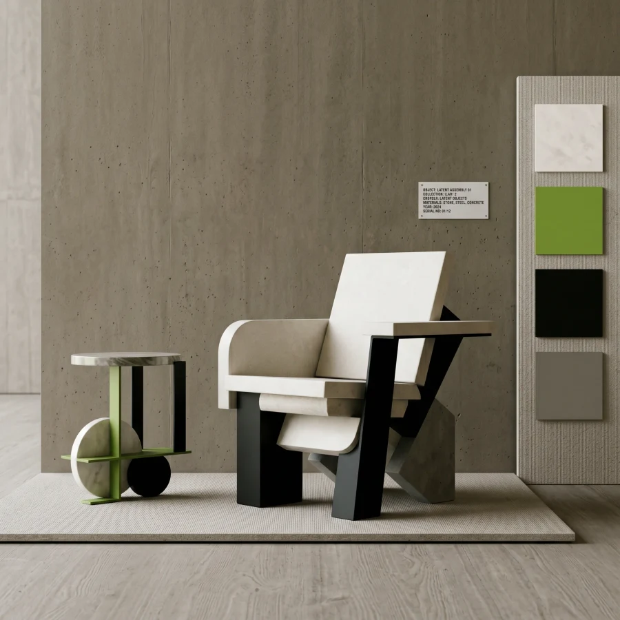 Latent Objects modular chair and side table with moss green material palette