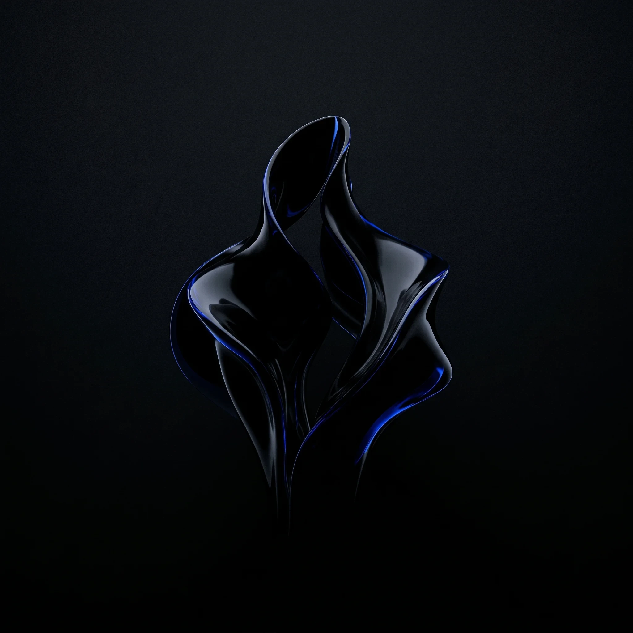 Black liquid glass form with restrained cobalt highlights