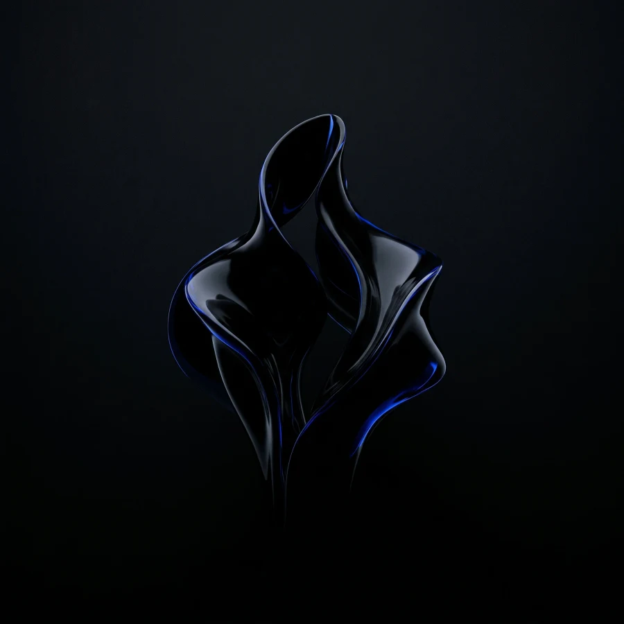 Black liquid glass form with restrained cobalt highlights
