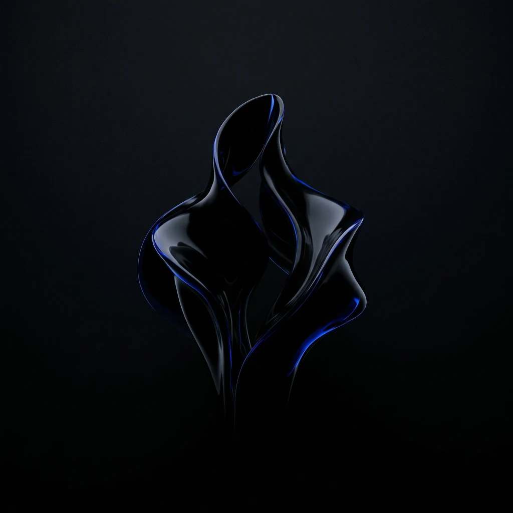 Black liquid glass form with restrained cobalt highlights