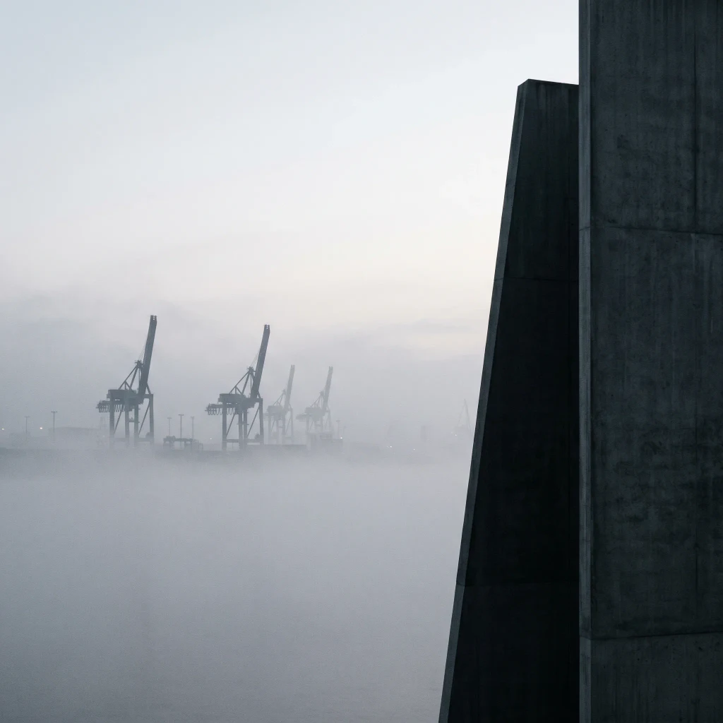 Foggy harbor cranes beside a dark architectural edge